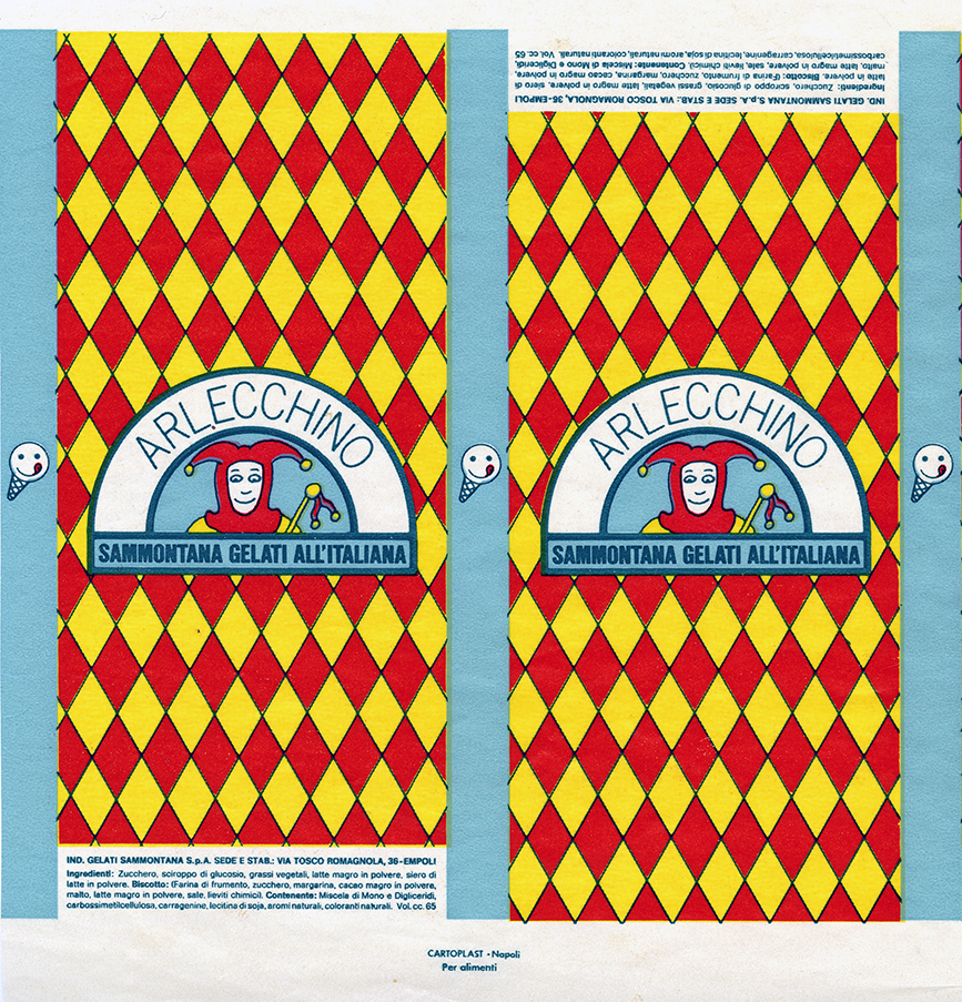 Harlequin face in front of red and yellow diamond pattern
